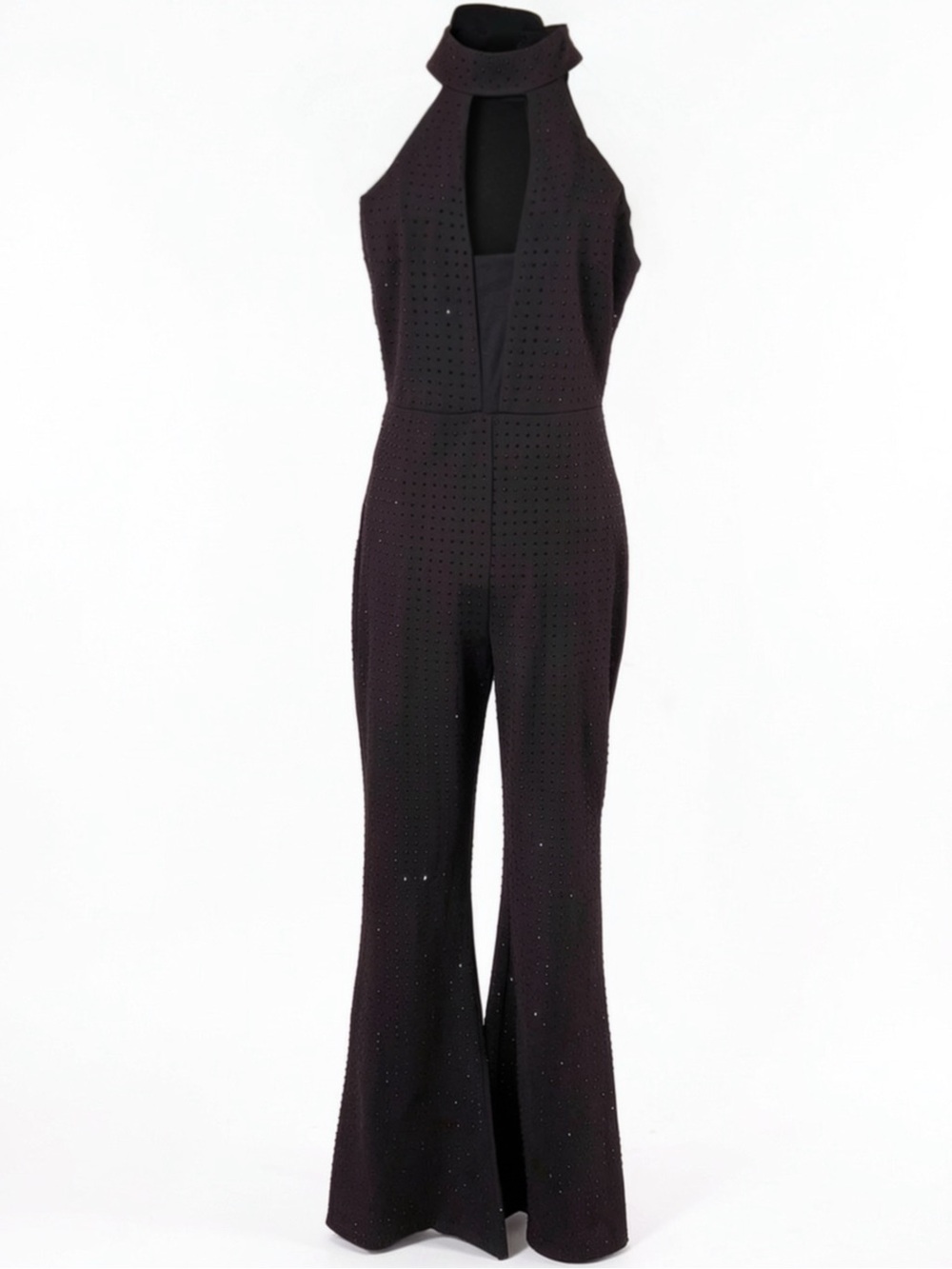 Bebe Black Rhinestone Embellished Halter Flare Leg Jumpsuit Size Small